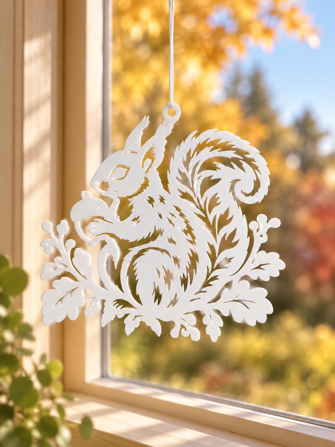 Eichhörnchen im Eichenlaub – Fensteranhänger