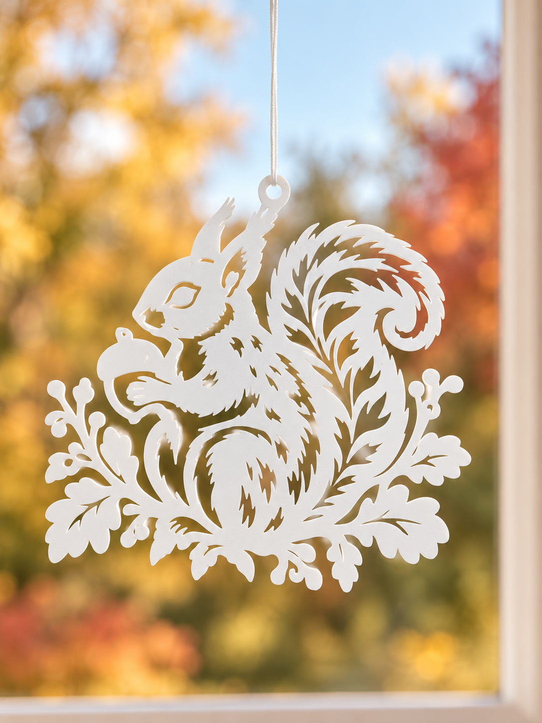 Eichhörnchen im Eichenlaub – Fensteranhänger