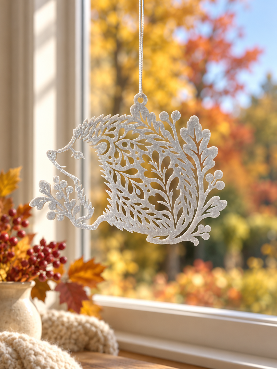 Igel im Herbstlaub – Fensteranhänger